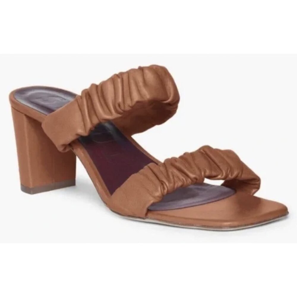 STAUD Tan Ruched Double-Strap Block Heel Sandal